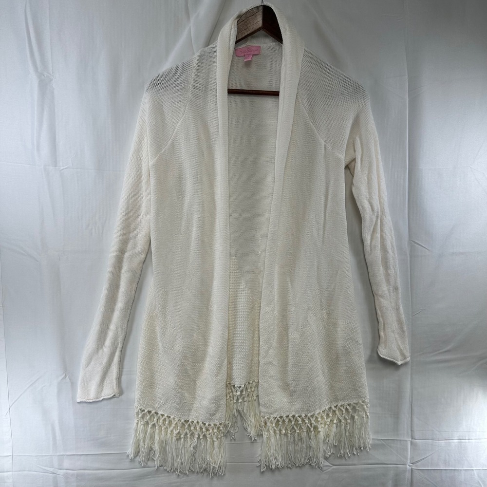 Lilly Pulitzer Cardigan Womens Small White Macrame Fringe Draped Shawl Collar